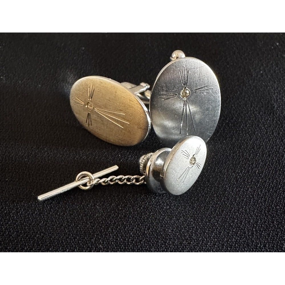 VTG‎ Anson Cufflinks And Tie Tack Sterling Silver And Diamond Cross Oval Shape